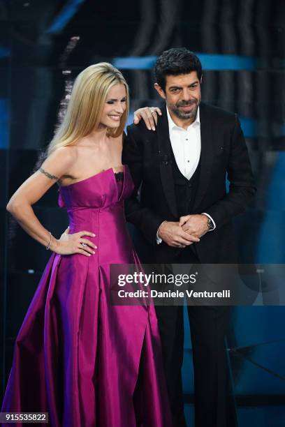 Michelle Hunziker and Pierfrancesco Favino attend the second night of the 68. Sanremo Music Festival on February 7, 2018 in Sanremo, Italy.