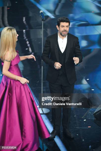 Michelle Hunziker and Pierfrancesco Favino attend the second night of the 68. Sanremo Music Festival on February 7, 2018 in Sanremo, Italy.