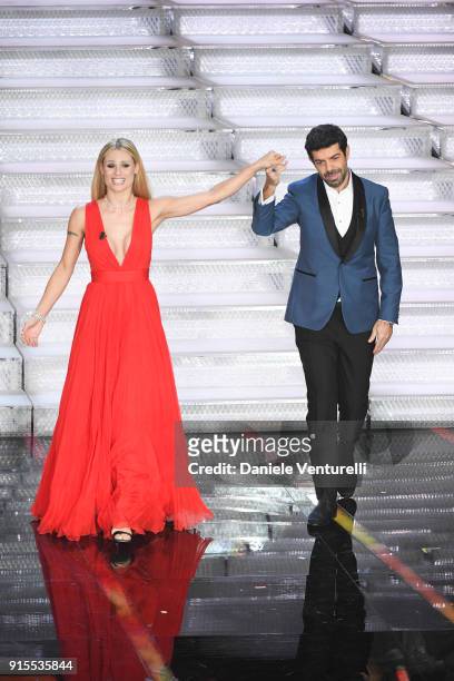 Michelle Hunziker and Pierfrancesco Favino attend the second night of the 68. Sanremo Music Festival on February 7, 2018 in Sanremo, Italy.