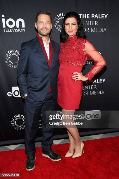 Actor Jason Priestley and actress Cindy Sampson attend the Private Eyes Series Premiere at The Paley Center for Media on February 7, 2018 in New York...