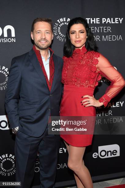 Actor Jason Priestley and actress Cindy Sampson attend the Private Eyes Series Premiere at The Paley Center for Media on February 7, 2018 in New York...