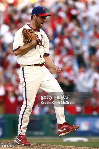 Cliff Lee of the Philadelphia Phillies celebrates his 5-1 complete game win against the Colorado Rockies in Game One of the NLDS during the 2009 MLB...