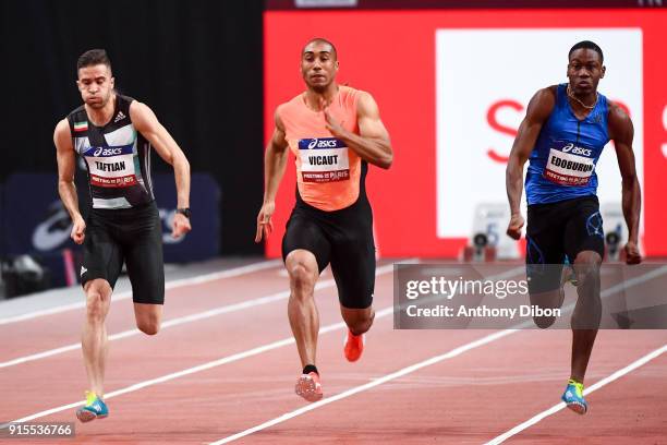 Hassan Taftian, Jimmy Vicaut and Ojie Edoburun during the Meeting of Paris Indoor 2018 at AccorHotels Arena on February 7, 2018 in Paris, France.