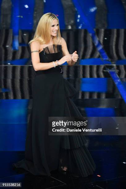 Michelle Hunziker attends the second night of the 68. Sanremo Music Festival on February 7, 2018 in Sanremo, Italy.