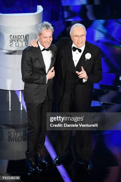 Claudio Baglioni and Pippo Baudo attend the second night of the 68. Sanremo Music Festival on February 7, 2018 in Sanremo, Italy.