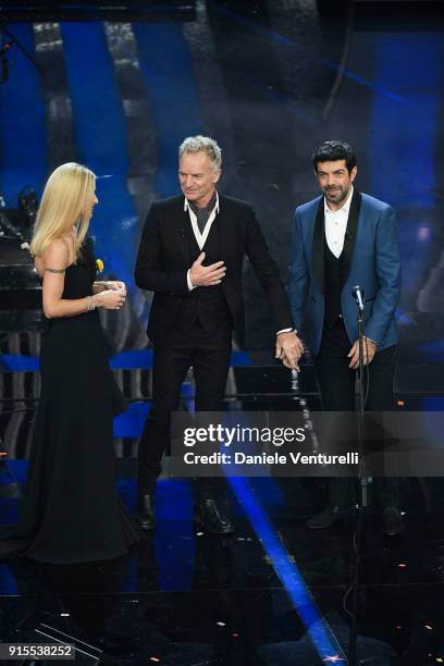 Michelle Hunziker, Pierfrancesco Favino and Sting attend the second night of the 68. Sanremo Music Festival on February 7, 2018 in Sanremo, Italy.