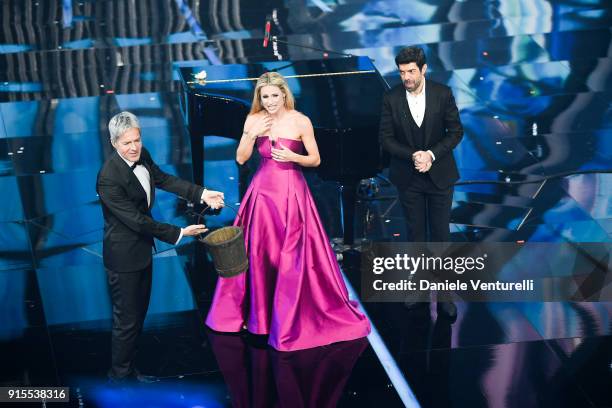 Claudio Baglioni, Michelle Hunziker and Pierfrancesco Favino attend the second night of the 68. Sanremo Music Festival on February 7, 2018 in...