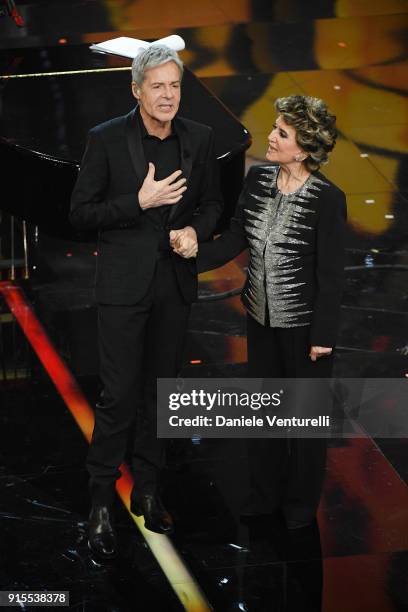 Claudio Baglioni and Franca Leosini attend the second night of the 68. Sanremo Music Festival on February 7, 2018 in Sanremo, Italy.