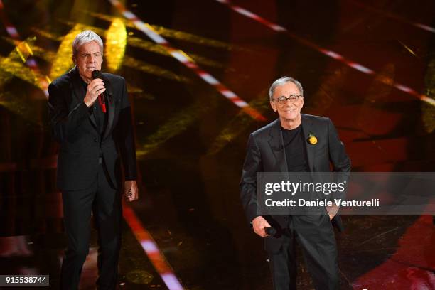 Claudio Baglioni and RobertoÊVecchioni attend the second night of the 68. Sanremo Music Festival on February 7, 2018 in Sanremo, Italy.