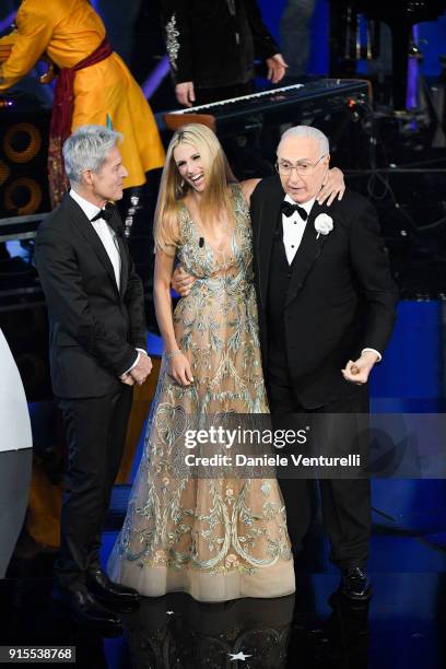 Claudio Baglioni, Michelle Hunziker and Pippo Baudo attend the second night of the 68. Sanremo Music Festival on February 7, 2018 in Sanremo, Italy.