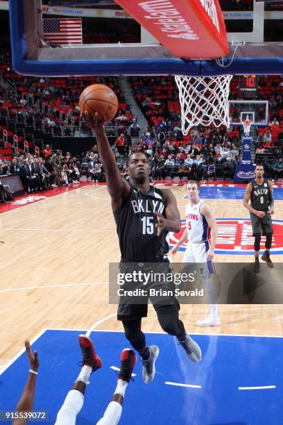 Isaiah Whitehead of the Brooklyn Nets goes to the basket against the Detroit Pistons on February 7, 2018 at Little Caesars Arena, Michigan. NOTE TO...