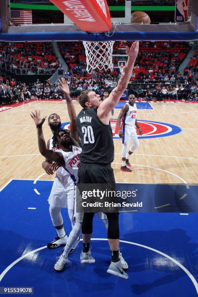 Timofey Mozgov of the Brooklyn Nets goes to the basket against the Detroit Pistons on February 7, 2018 at Little Caesars Arena, Michigan. NOTE TO...