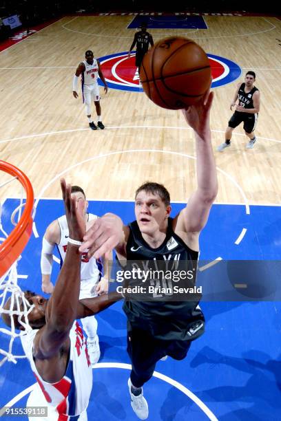 Timofey Mozgov of the Brooklyn Nets goes to the basket against the Detroit Pistons on February 7, 2018 at Little Caesars Arena, Michigan. NOTE TO...