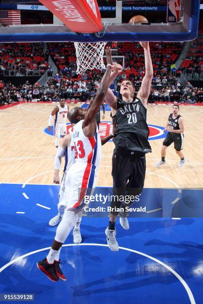 Timofey Mozgov of the Brooklyn Nets goes to the basket against the Detroit Pistons on February 7, 2018 at Little Caesars Arena, Michigan. NOTE TO...