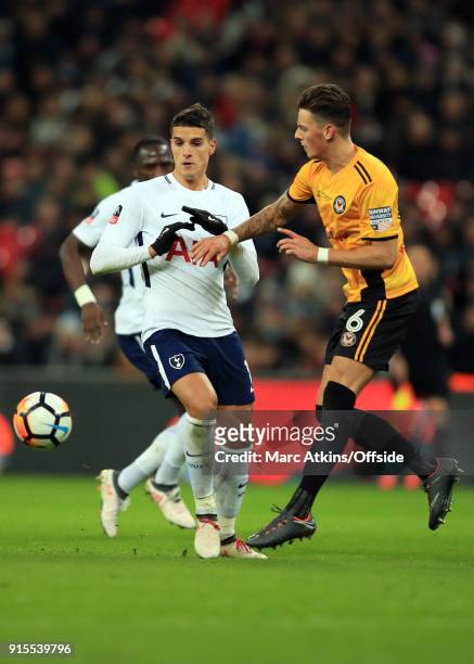 Erik Lamela of Tottenham Hotspur in action with Ben White of Newport County during the FA Cup Fourth Round replay between Tottenham Hotspur and...