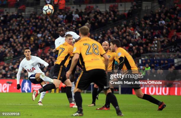 Erik Lamela of Tottenham Hotspur shoots during the FA Cup Fourth Round replay between Tottenham Hotspur and Newport County at Wembley Stadium on...