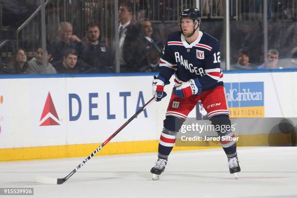 Peter Holland of the New York Rangers skates against the Boston Bruins at Madison Square Garden on February 7, 2018 in New York City.