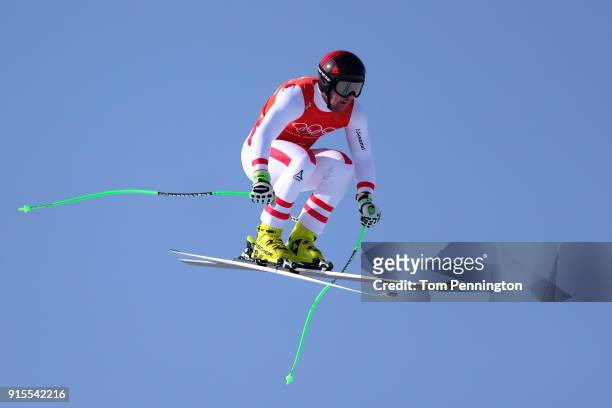 Vincent Kriechmayr of Austria makes a run during the Men's Downhill Alpine Skiing training at Jeongseon Alpine Centre on February 8, 2018 in...