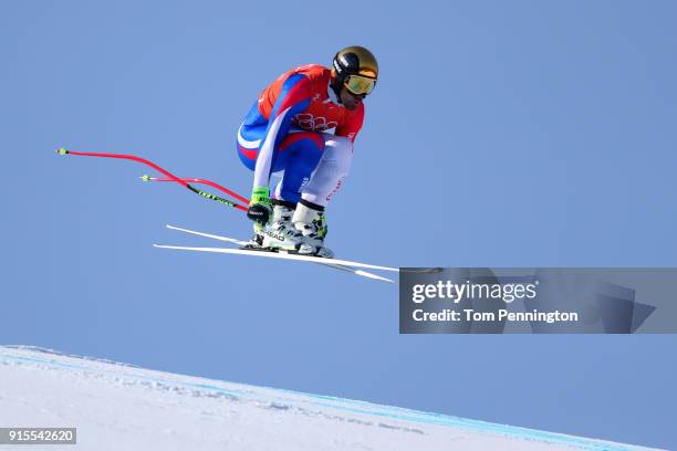 Adrien Theaux of France makes his run during the Men's Downhill Alpine Skiing training at Jeongseon Alpine Centre on February 8, 2018 in...