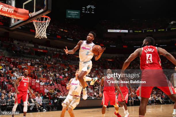 Derrick Jones Jr. #5 of the Miami Heat drives to the basket against the Houston Rockets on February 7, 2018 at American Airlines Arena in Miami,...