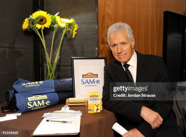 Personality Alex Trebek poses in the Daytime Emmy official gift lounge produced by On 3 Productions held at The Orpheum Theatre on August 29, 2009 in...