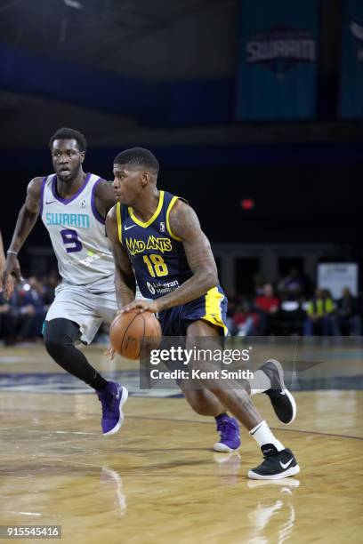 DeQuan Jones of the Fort Wayne Mad Ants handles the ball against the Greensboro Swarm during the NBA G-League on February 7, 2018 at Greensboro...