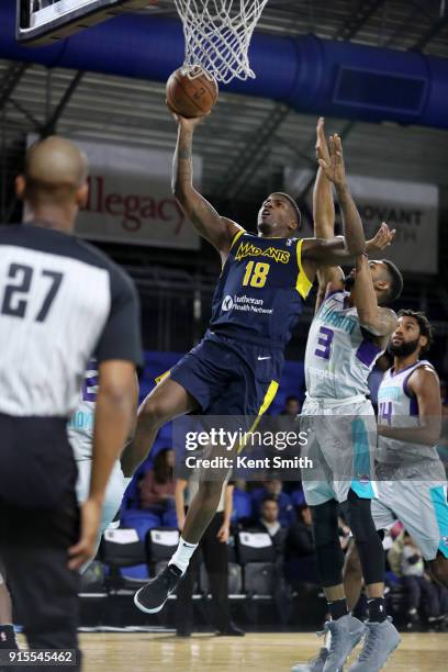 DeQuan Jones of the Fort Wayne Mad Ants goes to the basket against the Greensboro Swarm during the NBA G-League on February 7, 2018 at Greensboro...
