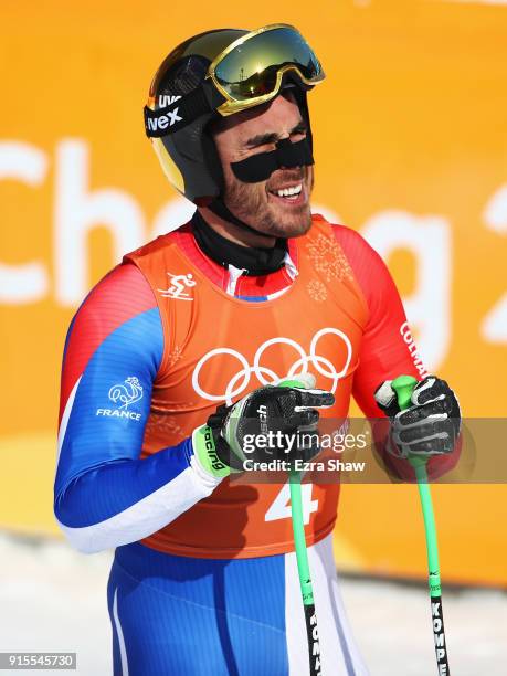 Johan Clarey of France reacts after his run during the Men's Downhill Alpine Skiing training at Jeongseon Alpine Centre on February 8, 2018 in...
