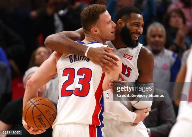 Blake Griffin of the Detroit Pistons celebrates a 115-106 win over the Brooklyn Nets with Andre Drummond at Little Caesars Arena on February 7, 2018...