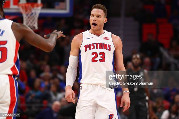 Blake Griffin of the Detroit Pistons reacts to a basket while playing the Brooklyn Nets at Little Caesars Arena on February 7, 2018 in Detroit,...