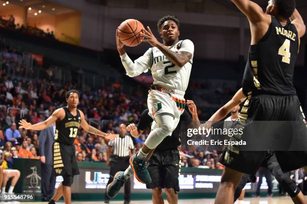 Chris Lykes of the Miami Hurricanes drives to the basket during the second half of the game against the Wake Forest Demon Deacons at The Watsco...