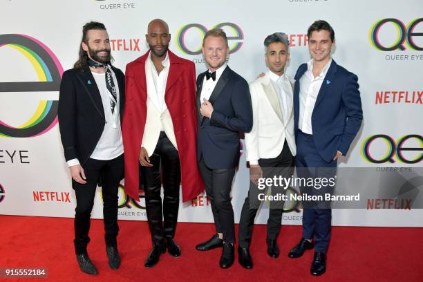 Jonathan Van Ness, Karamo Brown, Bobby Berk, Tan France, and Antoni Porowski attend the premiere of Netflix's "Queer Eye" Season 1 at Pacific Design...