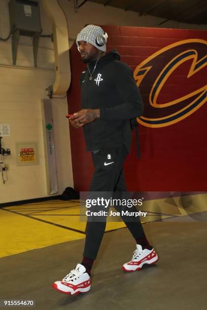 Markel Brown of the Houston Rockets arrives to the arena prior to the game against the Cleveland Cavaliers on February 3, 2018 at Quicken Loans Arena...