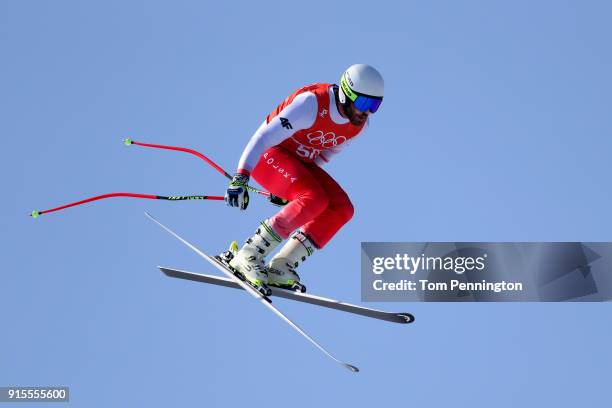 Michal Klusak of Poland makes a run during the Men's Downhill Alpine Skiing training at Jeongseon Alpine Centre on February 8, 2018 in...
