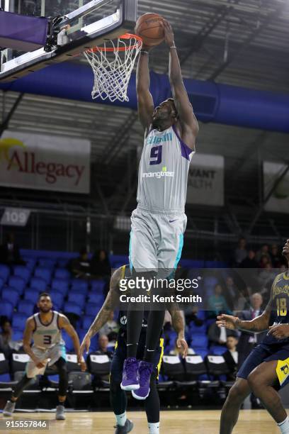 Mangok Mathiang of the Greensboro Swarm dunks the ball against the Fort Wayne Mad Ants during the NBA G-League on February 7, 2018 at Greensboro...