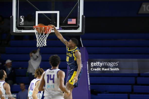 DeQuan Jones of the Fort Wayne Mad Ants dunks the ball against the Greensboro Swarm during the NBA G-League on February 7, 2018 at Greensboro...