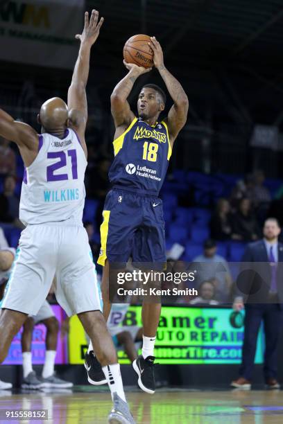 DeQuan Jones of the Fort Wayne Mad Ants shoots the ball against the Greensboro Swarm during the NBA G-League on February 7, 2018 at Greensboro...