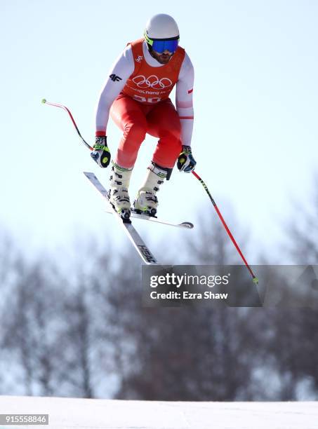 Michal Klusak of Poland makes a run during the Men's Downhill Alpine Skiing training at Jeongseon Alpine Centre on February 8, 2018 in...
