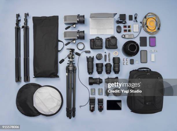 photographic equipment knolling style - camera bag stock pictures, royalty-free photos & images