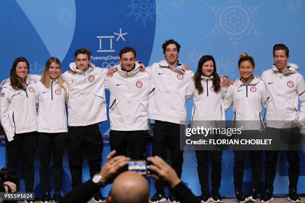 Arielle Gold, Maddie Mastro, Jake Pates, Ben Ferguson, Chase Josey, Kelly Clark, Chloe Kim, and Shaun White members of the USA's snowboard team pose...