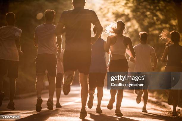 back view of large group of marathon runners at sunset. - 10000 metre stock pictures, royalty-free photos & images