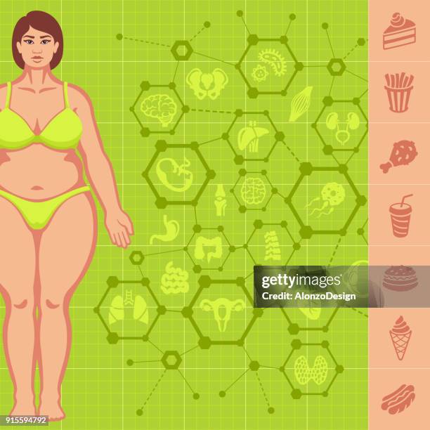 unhealthy lifestyle - woman eating chip stock illustrations