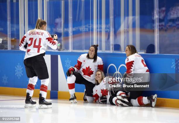 Natalie Spooner photographs Mélodie Daoust, Marie-Philip Poulin and Lauriane Rougeau ahead of the PyeongChang 2018 Winter Olympic Games at the...