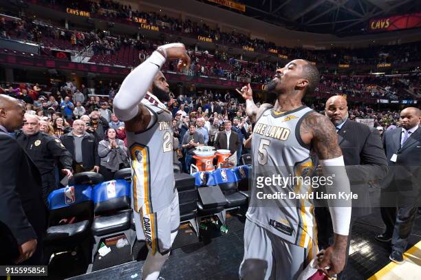 LeBron James and JR Smith of the Cleveland Cavaliers celebrate a win against the Minnesota Timberwolves on February 7, 2018 at Quicken Loans Arena in...