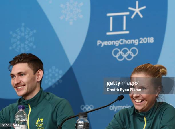 Australian Figure Skaters Harley Windsor and Ekaterina Alexandrovskaya speak during a press conference ahead of the PyeongChang 2018 Winter Olympic...