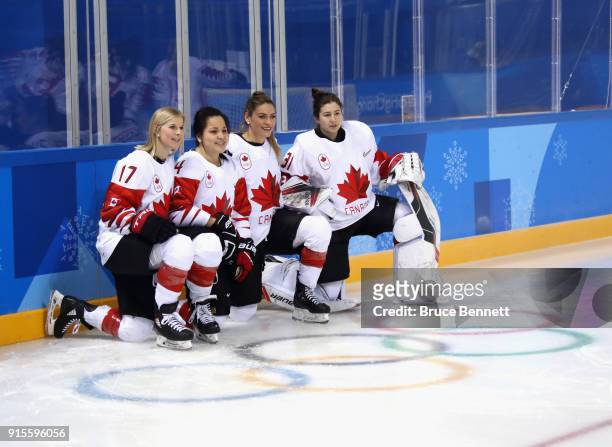 Bailey Bram, Brigette Lacquette, Natalie Spooner and Geneviève Lacasse pose for photos ahead of the PyeongChang 2018 Winter Olympic Games at the...