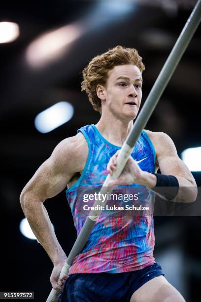 Shawnacy Barber of Canada during Men's Pole Vault at PSD Bank Indoor Athletics Meeting on February 6, 2018 in Duesseldorf, Germany.