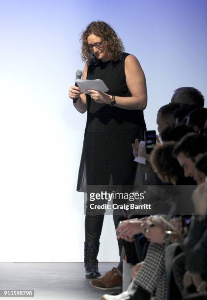 Judy Gold speaks onstage during the Blue Jacket Fashion Show to benefit the Prostate Cancer Foundation at Pier 59 on February 7, 2018 in New York...