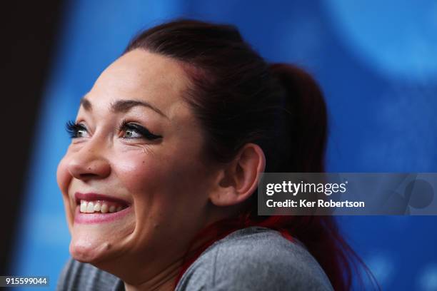 United States skeleton athlete Katie Uhlaender attends a press conference at the Main Press Centre during previews ahead of the PyeongChang 2018...