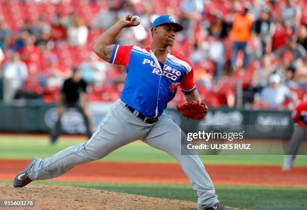 Pitcher Anthony Garcia, Criollos de Caguas of Puerto Rico, throws against Caribes de Anzoategui of Venezuela during Baseball Series at the Charros...